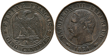 ФРАНЦИЯ 5 САНТИМОВ 1854 А, НАПОЛЕОН III (1852-1870) KM 777.1, LE FRANC 116.8 бронза 67-114