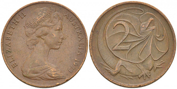 АВСТРАЛИЯ 2 ЦЕНТА 1973 ЕЛИЗАВЕТА II, МОЛОДОЙ ПОРТРЕТ, ПЛАЩЕНОСНАЯ ЯЩЕРИЦА (FRILLED LIZARD) KM 63 бронза 4539-944