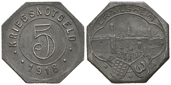 Крайльсхайм (Вюртемберг) 5 пфеннингов 1918 Funck 83.4, Men05 4675.1, Men18 5876.1 железо 4169-1049