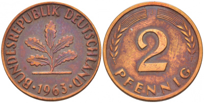 ФРГ 2 ПФЕННИГА 1963 J KM 106, J.381 бронза 4396-1555