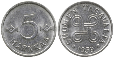 Финляндия 5 марок 1959 KM 37a никелированное железо 100-1011