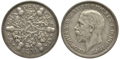 Великобритания 6 пенсов 1931 Георг V (1910-1936) KM 832, Spink 4041 серебро 4538-343