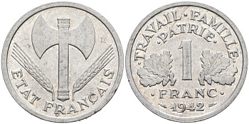 Франция 1 франк 1942 LB, ТИП LOURDЕ, ПРАВИТЕЛЬСТВО ВИШИ KM 902.1, Le Franc 222.2 алюминий 92-331