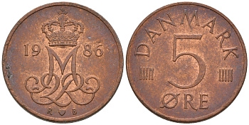 ДАНИЯ 5 ЭРЕ 1986 R; B, МАРГРЕТЕ II (1972-) KM 859.3 железо плакированное медью 4564-1211