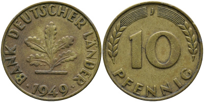 ФРГ 10 ПФЕННИГОВ 1949 J KM 103, J.378 сталь плакированная латунью 98-347