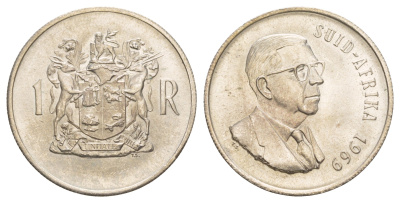 ЮАР 1 ранд 1969 Окончание президентства Теофилуса Дёнгеса, надпись на африкаанс - "SUID-AFRIKA" KM 80.2 серебро UNC 413-3744