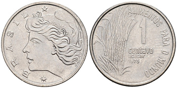 Бразилия 1 сентаво 1975 FAO, сахарный тростник KM 585 нержавеющая сталь 192-164