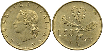 Италия 20 лир 1972 R, дубовая ветвь KM 97.2 алюминиевая бронза 4171-856
