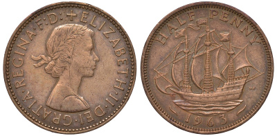 Великобритания 1/2 пенни 1963 Елизавета II (1952-2022) KM 896, Spink 4158 бронза 4122-832