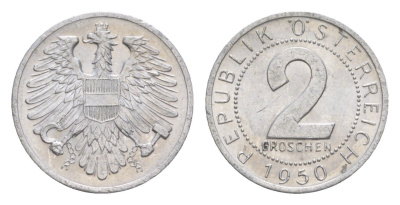 Австрия 2 гроша 1950 KM 2876 алюминий aUNC 4564-558
