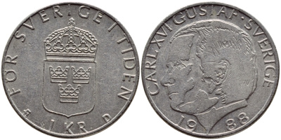 Швеция 1 крона 1988 Карл XVI Густав (1973- ) KM 852a медно-никель 4397-1222