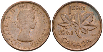 Канада 1 цент 1961 Елизавета II, кленовый лист KM 49 бронза    4115-751