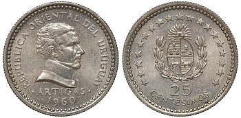 Уругвай 25 сентесимо 1960 KM 40 медно-никель 4169-943