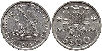 ПОРТУГАЛИЯ 5 ЭСКУДО 1985 ПАРУСНИК KM 591 медно-никель 4395-922