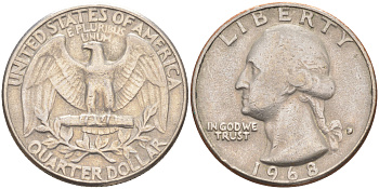 США 25 центов (квотер) 1968 Вашингтон KM 164a медь плакированная медно-никелем 80-354