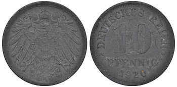 ГЕРМАНИЯ 10 ПФЕННИГОВ 1920 KM 26, J. 299 цинк 45-1262
