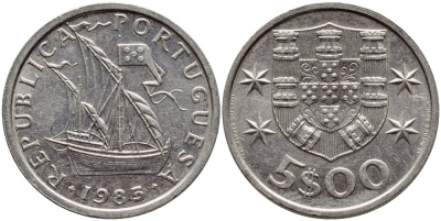 ПОРТУГАЛИЯ 5 ЭСКУДО 1985 ПАРУСНИК KM 591 медно-никель 4395-922