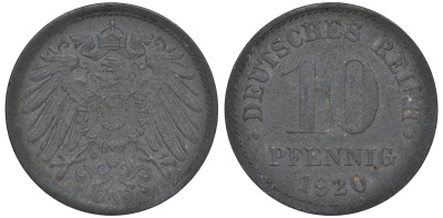 ГЕРМАНИЯ 10 ПФЕННИГОВ 1920 KM 26, J. 299 цинк 45-1262