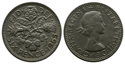 Великобритания 6 пенсов 1965 Елизавета II (1952-2022) KM 903, Spink 4149 медно-никель 4381-829