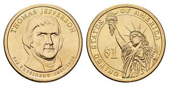 США 1 доллар 2007 P, Президент США - Томас Джеферсон (1801-1809) KM 403 медь с марганцево-латунным покрытием UNC 4624-125