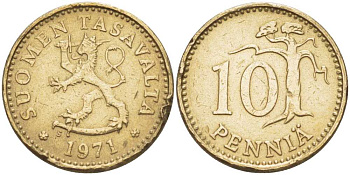 ФИНЛЯНДИЯ 10 ПЕННИ 1971 S KM 46 алюминиевая бронза 214-566