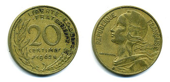 ФРАНЦИЯ 20 САНТИМОВ 1962 КМ 930 медь алюминий никель 3999-722