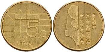Нидерланды 5 гульденов 1990 Беатрикс (1980-2013) KM 210 никель плакированная бронзой 4167-842