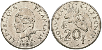 Французская Новая Каледония 20 франков 1990 три быка, (IEOM) KM 12, Schoen 14, Lec 113 никель 4131-243