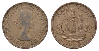 Великобритания 1/2 пенни 1963 Елизавета II (1952-2022) KM 896, Spink 4158 бронза 4662-1216