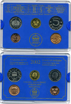 Швеция набор из 5 монет 2002 Карл XVI Густав (1973- ), в оригинальной пластиковой упаковке UNC 1-6-2-26