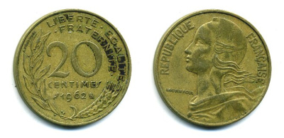 ФРАНЦИЯ 20 САНТИМОВ 1962 КМ 930 медь алюминий никель 3999-722