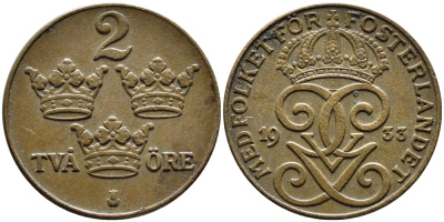 Швеция 2 эре 1933 Густав V (1907-1950) KM 778 бронза 4385-1025