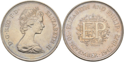 Великобритания 25 пенсов 1972 25 лет со дня свадьбы Елизавтеы II И Филлипа (1947-1972, серебрянная свадьба), Елизавета II (1952-2022) KM 917, Spink 4226 медно-никель UNC 4578-532