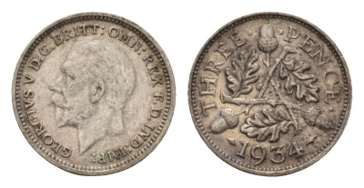 Великобритания 3 пенса 1934 Георг V (1910-1936) KM 831, Spink 4042 серебро 4644-548