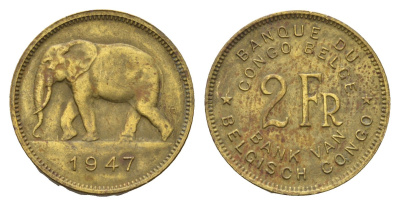 Бельгийское Конго 2 франка 1947 слон, Леопольд III KM 28 латунь 4670-1234