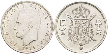 Испания 5 песет 1975 (79) Хуан Карлос I (1975-2014) KM 807 медно-никель 213-153