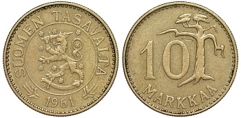 ФИНЛЯНДИЯ 10 МАРОК 1961 S, WIDE 1 KM 38 алюминиевая бронза 3334-1019