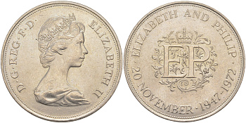 Великобритания 25 пенсов 1972 25 лет со дня свадьбы Елизавтеы II И Филлипа (1947-1972, серебрянная свадьба), Елизавета II (1952-2022) KM 917, Spink 4226 медно-никель 4552-531