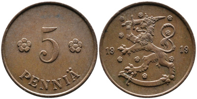 Финляндия 5 пенни 1919 KM 22 медь 4387-424
