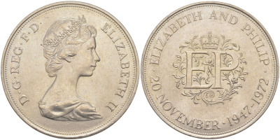 Великобритания 25 пенсов 1972 25 лет со дня свадьбы Елизавтеы II И Филлипа (1947-1972, серебрянная свадьба), Елизавета II (1952-2022) KM 917, Spink 4226 медно-никель 4552-531