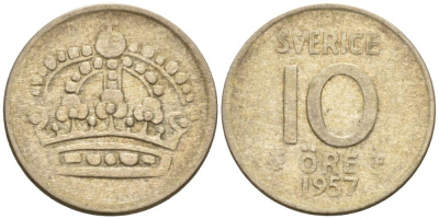 Швеция 10 эре 1957 TS, Густав VI Адольф (1950-1973) KM 823 серебро 192-148