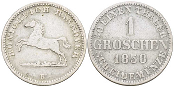 Брауншвейг-Каленберг-Ганновер 1 грош 1858 В, Георг V (1851-1866) KM 236, Jaeger 93, AKS 149 серебро 206-334
