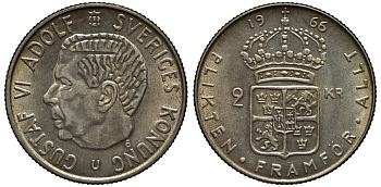 Швеция 2 кроны 1966 U, Густав VI Адольф (1950-1973) KM 827 серебро UNC 00-00