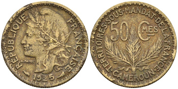Французский Камерун 50 сантимов 1925 (а), монетный двор Париж KM 1 алюминиевая бронза 4164-1227