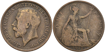 Великобритания 1 пенни 1917 Георг V (1910-1936) KM 810, Spink 4051 бронза 4572-1225