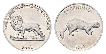 ДР Конго 25 сантимов 2002 Животные - Ласка KM 76 алюминий UNC 4674-1266