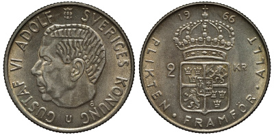 Швеция 2 кроны 1966 U, Густав VI Адольф (1950-1973) KM 827 серебро UNC 00-00