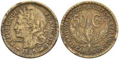 Французский Камерун 50 сантимов 1925 (а), монетный двор Париж KM 1 алюминиевая бронза 4164-1227