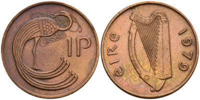 Ирландия 1 пенни 1979 мифологическая птица лира KM 20 бронза 4141-233