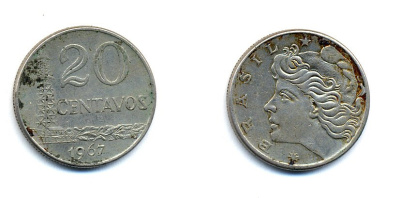Бразилия 20 сентаво 1967 голова Свободы влево KM 579.1, Schon 84 медно-никель 51-4614